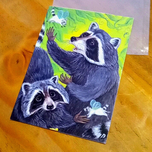 ACEO 2013 Art Raccoons/Fairy raccoons 2.5"x3.5" Lynne Oliver - Picture 1 of 3